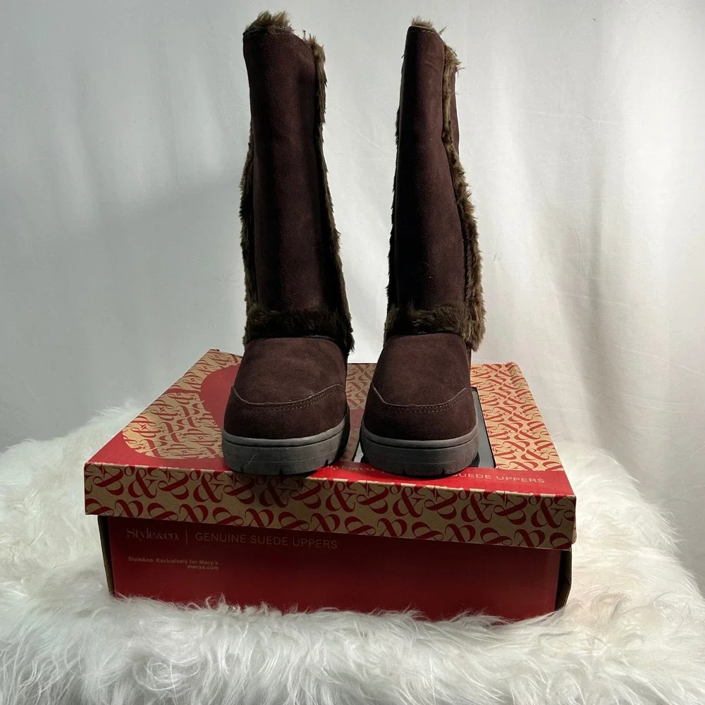 Style & Co Womens‎ Brown Suede Faux Fur Lined Tall Boots Size 8M